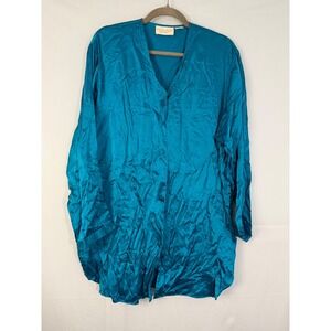 VTG Victoria's Secret Silk Sleep Shirt Large Teal Blue Button Front V-Neck